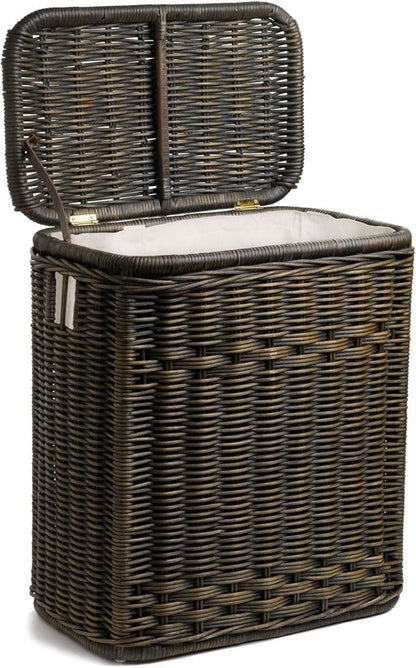 The Basket Lady Narrow Wicker Rectangular Laundry Hamper, 21 in L x 13 in W x 24 in H, Antique Walnut Brown