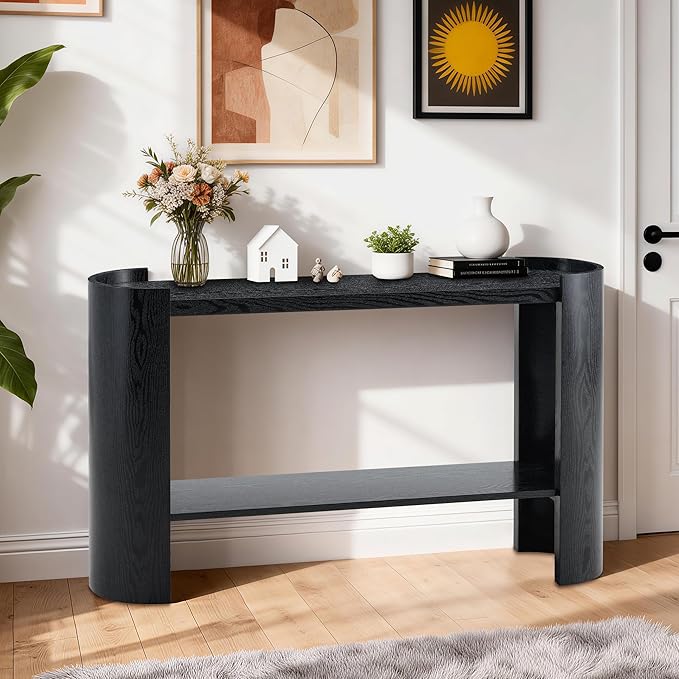 53 Inch Console Table, Modern 2-Tier Entryway Table with Rounded Corners, Narrow Sofa Table Behind Couch for Foyer, Hallway, Living Room,Black