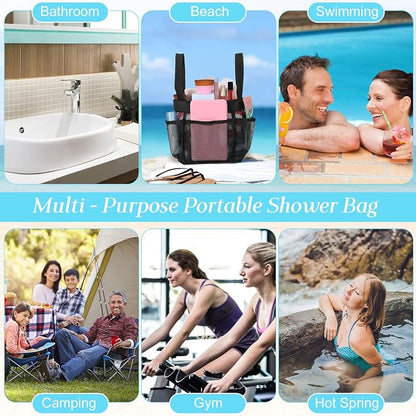 Hillban 4 Pcs Mesh Shower Caddy Portable Shower Caddy for Dorm Beach Mesh Bags with Deeper 8 Pockets and Handles Showers Caddies Basket for Women College Room Vacation(Black)