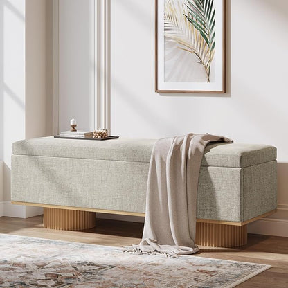 Tribesigns 50.39" Storage Bench with Padded Seat Cushion, Upholstered Shoe Bench with Flip Up Storage for Bedroom, Living Room, Entryway, Load up to 330 lb, Beige + Wood Color
