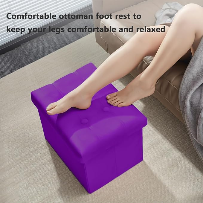 AmasSmile Storage Ottoman Foot Rest Stool, 17 inch Velvet Footstool Bench, Short Ottomans Stool, Small Folding Storage Ottoman Store Books, Records, Purple