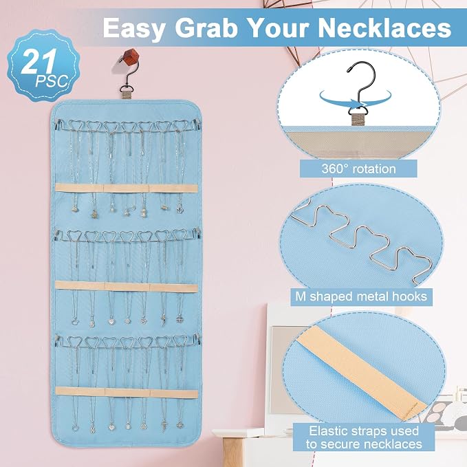 Dynoro Double-Sided Hanging Jewelry Organizer, Large Teal Storage Roll for Earrings, Necklaces, Rings, 48 Pockets 21 Hooks, Durable Oxford Fabric for Closet, Wall, Door, 1 piece, Jewelry Not Included