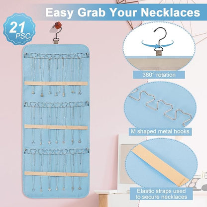Dynoro Double-Sided Hanging Jewelry Organizer, Large Teal Storage Roll for Earrings, Necklaces, Rings, 48 Pockets 21 Hooks, Durable Oxford Fabric for Closet, Wall, Door, 1 piece, Jewelry Not Included