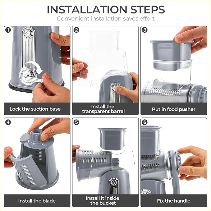 SUSTEAS Rotary Cheese Grater with Handle - Vegetable Shredder with 5 Well-designed Blades & Strong Suction Base,Round Mandoline Slicer & Food Chopper for Kitchen,with Blade Storage Box(Gray)