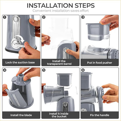SUSTEAS Rotary Cheese Grater with Handle - Vegetable Shredder with 5 Well-designed Blades & Strong Suction Base,Round Mandoline Slicer & Food Chopper for Kitchen,with Blade Storage Box(Gray)