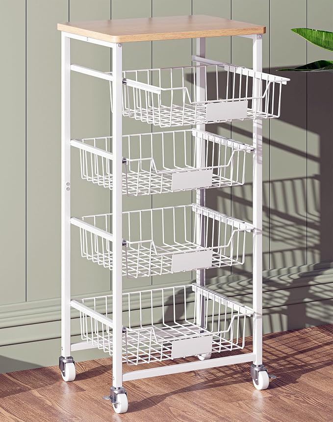 OKZEST 5-Tier Small Kitchen Storage Cart on Wheels with Pull-Out Drawers, Rolling Pantry and Snack Organizer Cart with Wood Top, Kitchen Floor Fruit Basket Stand for Fruit Potato Onion Veggie Snack