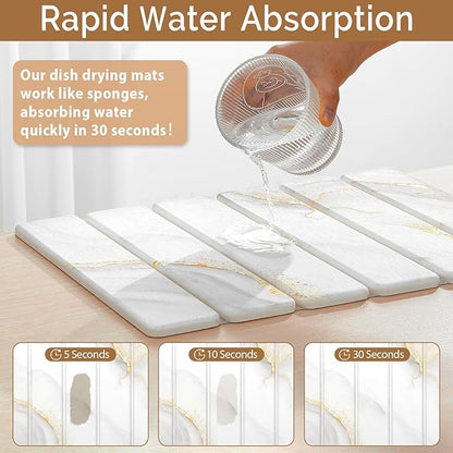 Small Stone Dish Drying Mat for Kitchen Counter, 15.7"×12" & 8"x4" Quick Dry Stone Mats, Foldable Water Absorbing Diatomaceous Earth Drying Dish Pad for Countertop Bottles Utensils Cup(Gold White)