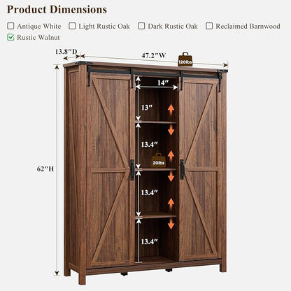 OKD Storage Cabinet with 2 Sliding Door, 7-Tier 62" Tall Farmhouse Entryway Shoe Cabinet, Freestanding Rustic Hidden Shoe Organizer for Entryway, Rustic Walnut