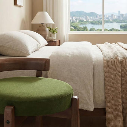 HNY Vintage Green Velvet Makeup Stool Set of 2 Compact Round Ottoman Chairs with Wooden Legs, Perfect for Small Spaces Like Entryway, Cloakroom & Boudoir