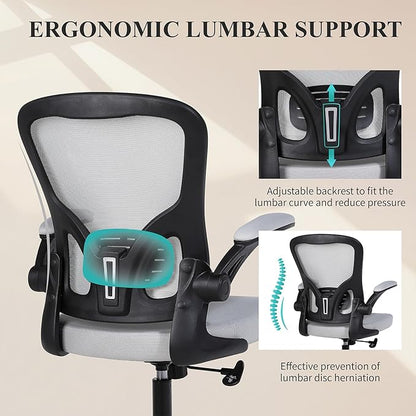 Flysky Ergonomic Office Chair, Mesh Home Office Desk Chair with Flip-up Arms and Lumbar Support, Height Adjustable, Swivel, Gray