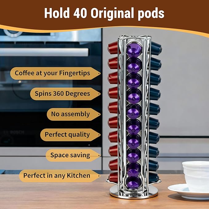 Silver 40 Pods Coffee Pod Holder for OriginalLine Capsules – 40 Pods Capacity, Countertop Coffee Capsule Carousel Organizer, Space-Saving Storage Rack