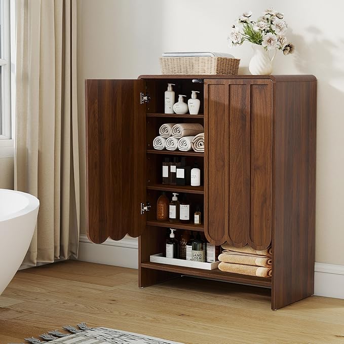ORRD Shoe Storage Cabinet with Scalloped Doors, 5-Tier Wooden Shoe Cabinet with Adjustable Shelves, Shoes Rack Storage Organizer for Entryway, Hallway, Living Room, Walnut