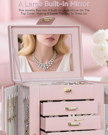 AKOZLIN 360° Rotating Jewelry Box 6-Tier Organizer Functional Jewelry Storage Case for Women Girls Ring Necklace Earring Bracelet Holder with Mirror Pink