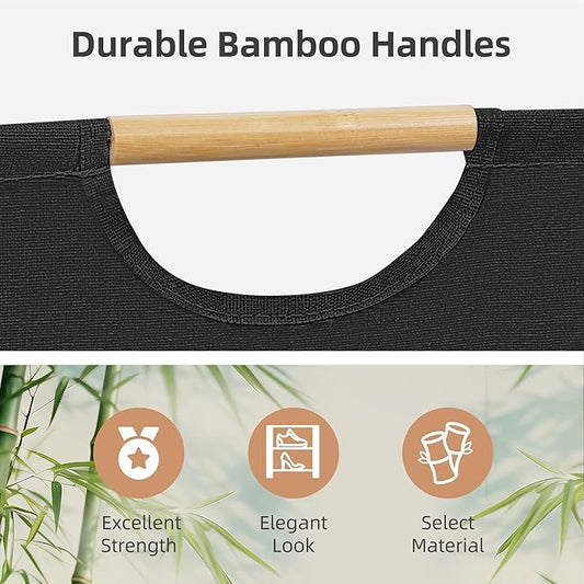 STORAGE MANIAC 3-Pack Large Laundry Hamper, 80L (21.1 Gal) Collapsible Laundry Basket with Bamboo Handles, Freestanding Waterproof Clothes Hamper for Laundry Room, Bedroom, Dorm, Towels, Black