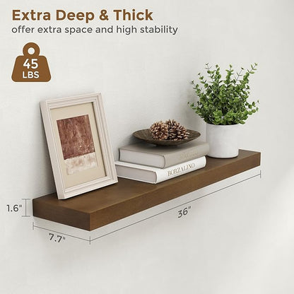 Marsmiles 36 Inch Wood Floating Shelves | Rustic Dark Wood Wall Shelves Set of 2 | 36" W x 7.7" D x 1.6" H Wooden Shelves for Bathroom Kitchen Living Room