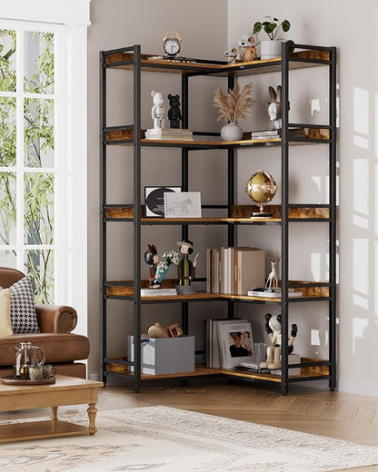 Large 5-Tier Corner Bookshelf - Modern Tall Corner Shelf Storage Display Rack with Sturdy Metal Frame - Perfect for Living Room, Home Office, Books and Decor Display
