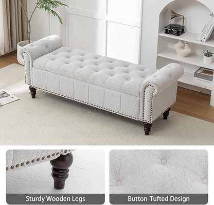 HOMEFLEX 58” Long Storage Bench, Upholstered Ottoman with Tufted Trim, Large End-of-Bed Bench for Bedrooms, Living Rooms, and Entryways (Silver)