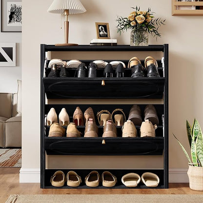 ORRD Shoe Storage Cabinet with 2 Flip Drawers Set of 2, Wood Narrow Shoe Cabinet for Entryway, Fluted Hidden Shoe Organizer, Freestanding Slim Shoes Cabinets for Foyer, Hallway-Black