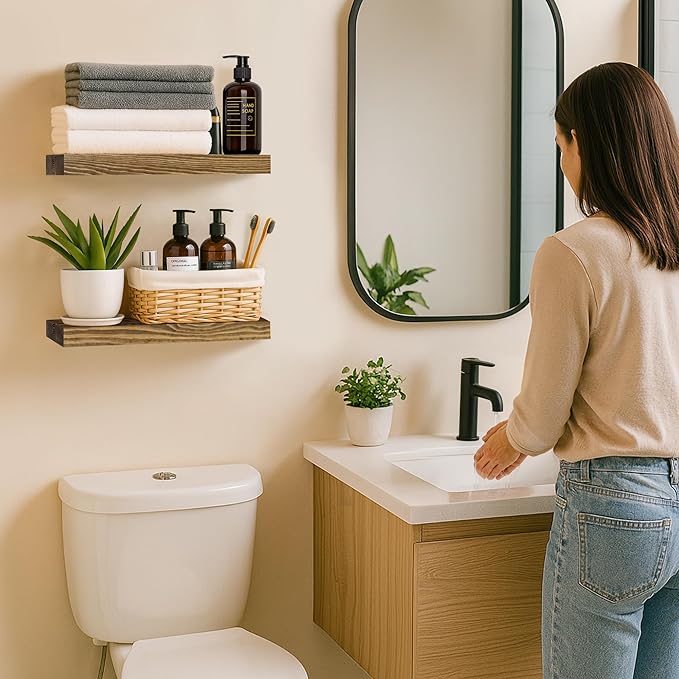 BGMG Wood Floating Shelves for Wall 12 inch Set of 2, Rustic Wooden Wall Mount Shelves for Bathroom Living Room Bedroom Kitchen Farmhouse -12x 6.7 x1.25 inch- Walnut Color