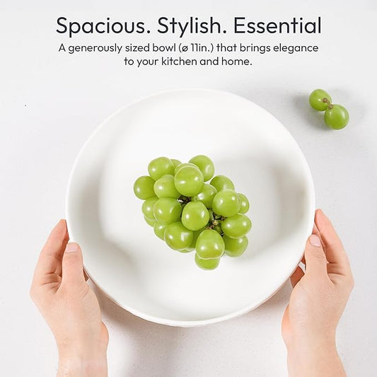 DeNestora Granite Inspired Matte White Fruit Bowl | Wide, Shallow Textured Pedestal Bowl | 11 Inch Unique Centerpiece for Table or Decor for Entryway Table