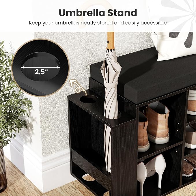 Giantex Shoe Storage Bench with Umbrella Stand, 10-Cubby Entryway Shoe Rack Organizer with Padded Seat, Adjustable & Removable Shelves for Hallway, Living Room & Bedroom (Black)