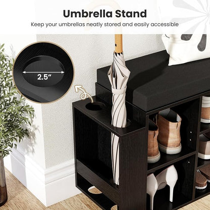 Giantex Shoe Storage Bench with Umbrella Stand, 10-Cubby Entryway Shoe Rack Organizer with Padded Seat, Adjustable & Removable Shelves for Hallway, Living Room & Bedroom (Black)