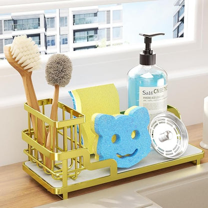 Consumest Sponge Holder for Kitchen Sink - Sink Caddy Organizer with Water Absorbing Stone Tray, Detachable Brush Holder, Stainless Steel Kitchen Counter Organizer Rack, Gold