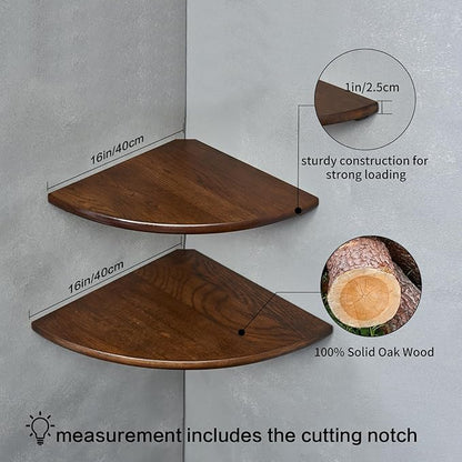 Conamily Corner Shelves, Floating Corner Shelf, Set of 2 16inch Solid Oak Wood Corner Wall Shelves, Round End with Wire Hole for Small Plant for Bedroom Kitchen, Living Room