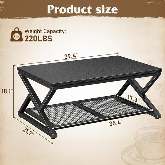 EnHomee Black Coffee Table with Storage, Modern Coffee Tables with Mesh Shelf, 2 Tier Minimalist Industrial Center Table for Living Room, Office, 39.4 Inch, Black Oak