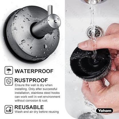 YOHOM Suction Cup Hooks - Black Stainless Steel Window and Shower Towel Hooks - Holds 2 Pcs