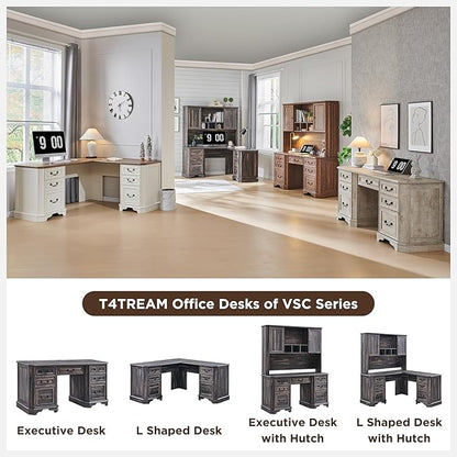 T4TREAM 59" L Shaped Executive Desk with Drawers,Farmhouse Wood Computer Desk, Featuring Charging Station,File Drawer, Storage Cabinet,for Home Office Work and Study (Dark Rustic Oak)