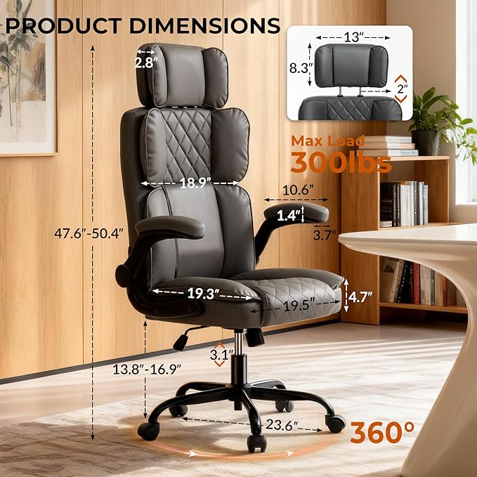 Office Chair with Adjustable Headrest, Faux Leather Executive Home Office Desk Chairs with Ergonomic Back Support, Padded Flip-Up Armrests, Swivel Rolling Computer Chair for Work, Study, Gray