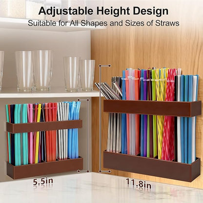9.5” Large Acrylic Straw Holder for Cabinet Door, Reusable Adjustable Two-Part Straws Organizer with Ultra Sticky Adhesive Strips, 2026 Straw Storage for Kitchen Cupboard (Brown)