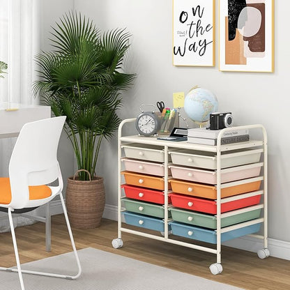 Giantex 12 Drawers Rolling Cart, Mobile Storage Drawer Cart, Classroom Organizer Cart for Office School Supplies Tools Scrapbook Paper Craft Small Printer, Utility Cart on Wheels, Macaron