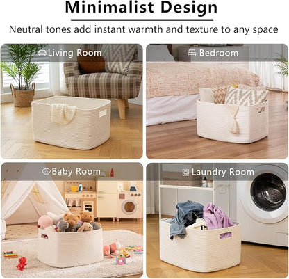 OIAHOMY 75L Large Blanket Basket, Woven Cotton Rope Baskets for Organizing, 22”x17”x12”, Blanket Basket living Room, Bedroom, Nursery, Dog Toy Storage Bins, White