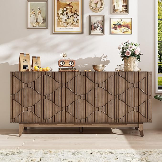 Buffet Cabinet with Storage, Distressed Storage Cabinet with 4 Carved Doors and Adjustable Shelf, Wooden Accent Sideboard Buffet Cabinets for Kitchen, Living Room, Entryway, Brown