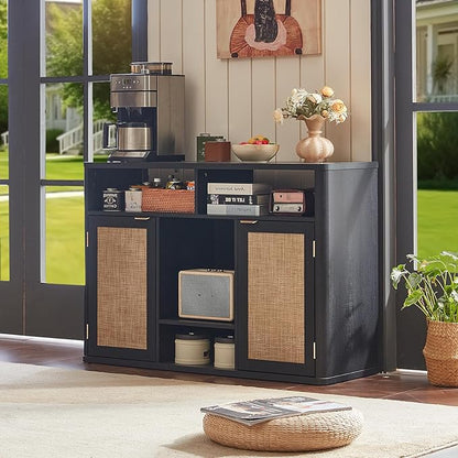 Lerliuo Rattan Wine Cabinet with 2 Doors, Boho Liquor Cabinet with Wine Racks, Farmhouse Coffee Bar Station for Living Room, Dining Room, Kitchen, Black