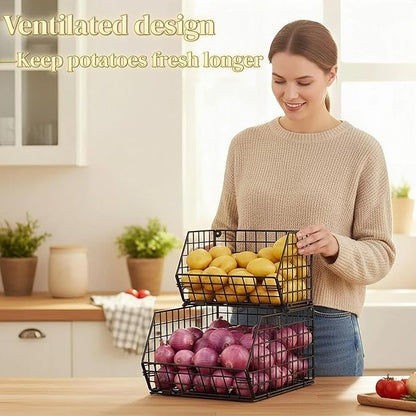 2-Tier Stackable Wire Baskets for Counter, Potato and Onion Storage Bin, Fruit and Vegetable Storage Bins with Ventilated Mesh，Kitchen Pantry Organizer - Wall Basket for Produce/Snack/Can, Black