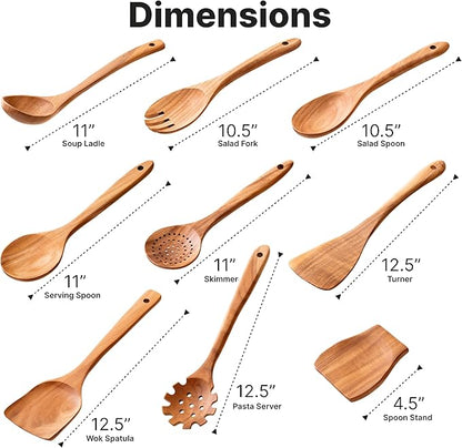 Wooden Kitchen Utensil Set, 9-Piece Teak Wood Kitchen Spoons for Cooking- Durable, Comfortable Grip, Non-Stick, Heat Resistant, Non-Scratch Kitchen Utensils-Perfect Cooking Gift
