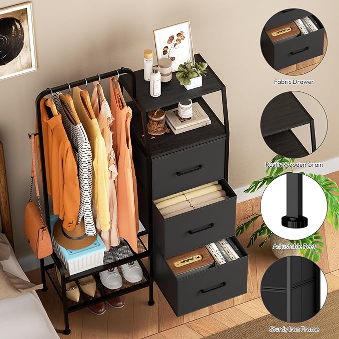 SWTYMIKI Dresser with Hanging Rack - 3 Fabric Drawers Kids Dresser for Bedroom - Reversible Tall Storage Tower, Small Space Clothes Storage Organizer Cabinet for Apartment, Dorm 49.21''H, Black