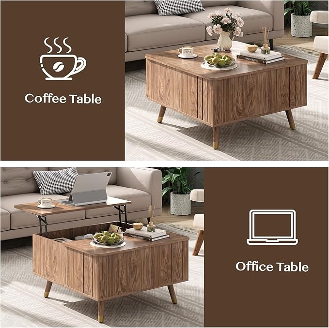 SULIVES Lift Top Coffee Table with Storage,Square Coffee Table with Lifting Top,Modern Center Table with Solid Wood Legs,Small Coffee Tables for Living Room,Walnut