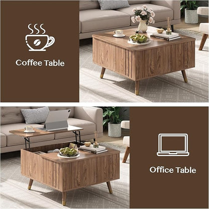 SULIVES Lift Top Coffee Table with Storage,Square Coffee Table with Lifting Top,Modern Center Table with Solid Wood Legs,Small Coffee Tables for Living Room,Walnut