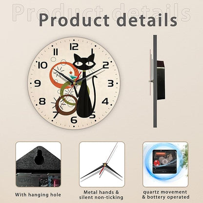 Wall Clock, Black Cat Wall Clocks Wooden Wall Clock Art Hanging Clocks Silent Non-Ticking Wall Clock Battery Operated Round Home Arabic Numeral Decorative Wall Clocks 10 Inch