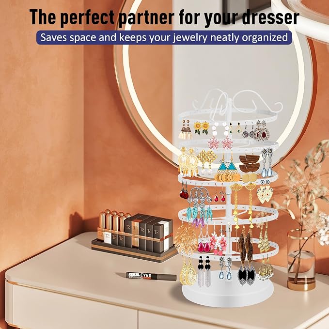 5 Tier 360 Rotating Earring Holder Organizer Stand, Jewelry Tree Rack, 220 Holes Display Storage for Stud Hoop Earrings, Vintage Metal Design, Space Saving Table Decor
