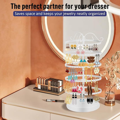 5 Tier 360 Rotating Earring Holder Organizer Stand, Jewelry Tree Rack, 220 Holes Display Storage for Stud Hoop Earrings, Vintage Metal Design, Space Saving Table Decor