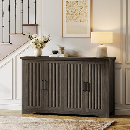 Fluted Buffet Cabinet with Storage Accent Sideboard,Modern Credenza with 4 Doors & Adjustable Shelves,Wood Coffee Bar Table Console for Dining Room Kitchen Living Room Entryway,Gray