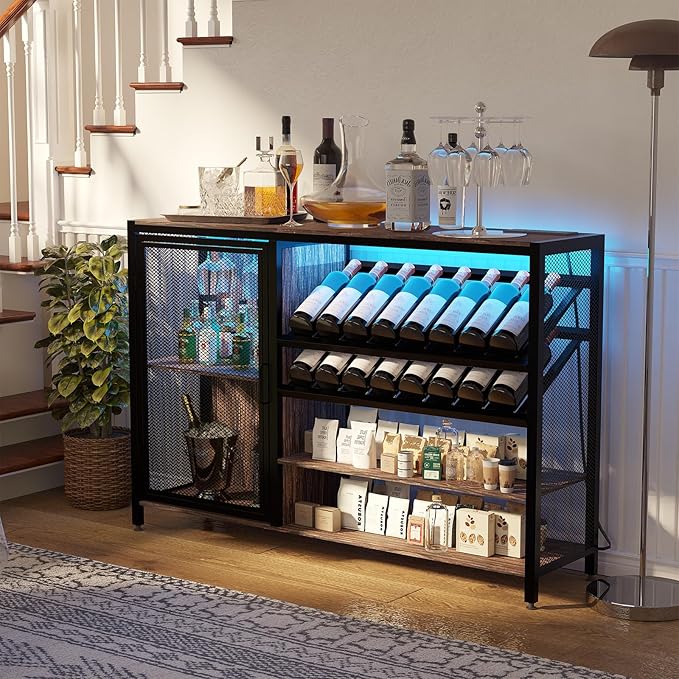 48" Wine Bar Cabinet with Power Outlet, Industrial Coffee Bar Cabinet with LED Strip, Liquor Bar Cart with Wine Rack and Glass Holder for Living Room Dining Room Kitchen, Rustic Brown