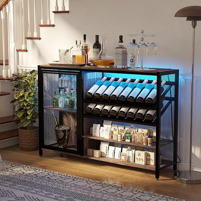 48" Wine Bar Cabinet with Power Outlet, Industrial Coffee Bar Cabinet with LED Strip, Liquor Bar Cart with Wine Rack and Glass Holder for Living Room Dining Room Kitchen, Rustic Brown