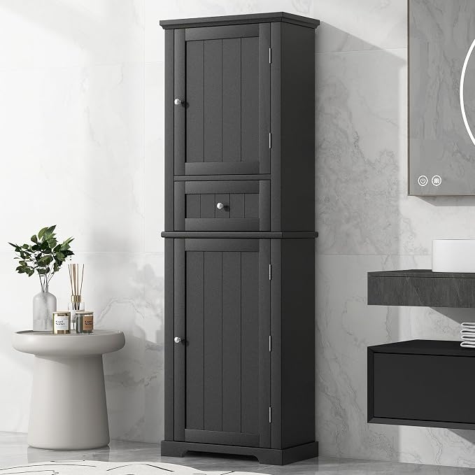 Bathroom Storage Cabinet, Tall Cabinet with Adjustable Shelf | Tall bathroom storage cabinet, 2 enclosed cabinets and middle pull-out compartment keep daily essentials organized