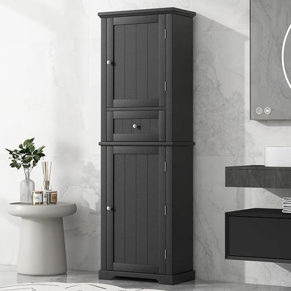 Bathroom Storage Cabinet, Tall Cabinet with Adjustable Shelf | Tall bathroom storage cabinet, 2 enclosed cabinets and middle pull-out compartment keep daily essentials organized